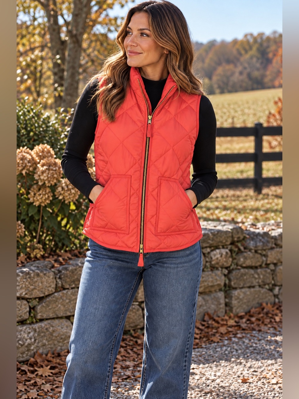 J.Crew Coral Orange Down Quilted Puffer Vest Gold Zip Lightweight XS Fall Layer